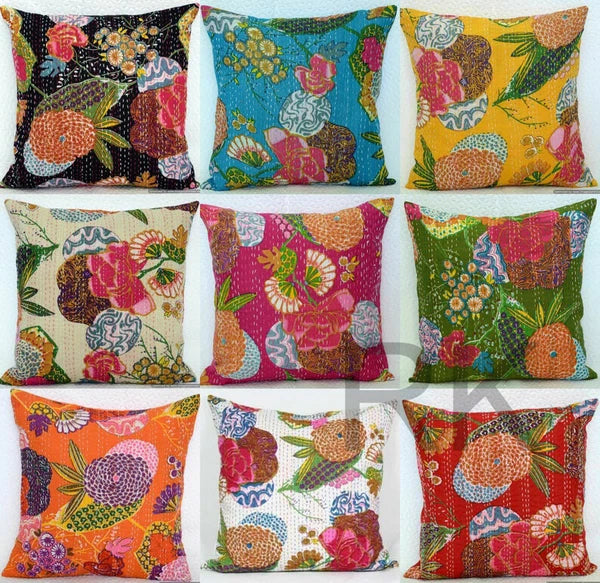 Cotton Kantha Cushion Cover Bed Sofa Pillow Cases, 2 Pcs Set Throw Cushion