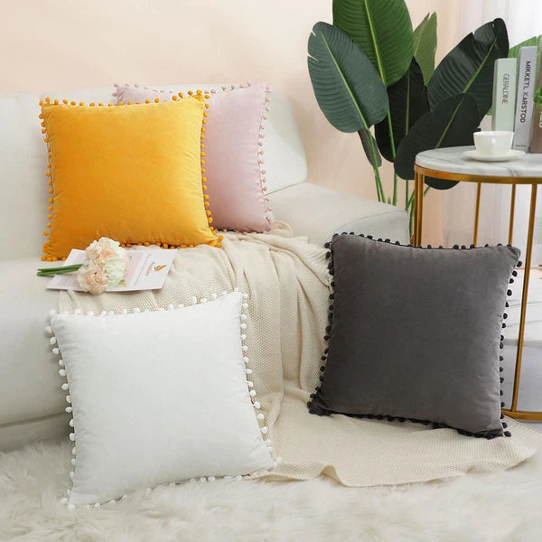 Velvet Pillow Cover with Pompoms for Sofa Bed 4PCS
