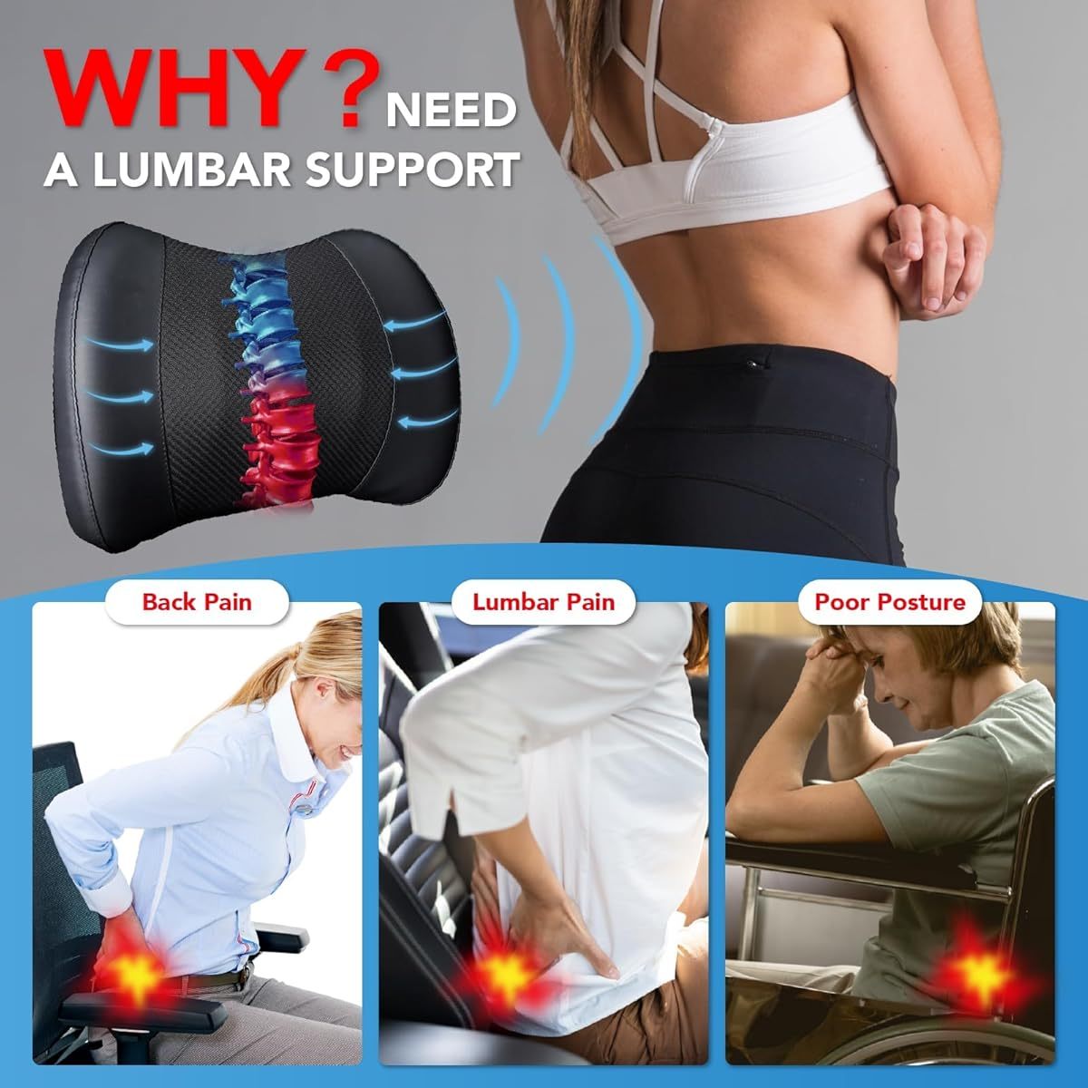 Ergonomic Lumbar Support Pillow for Lower Back - Posture-Correcting Cushion with, Car, Office Chair, Wheelchair - Lower Back Relief, Driving, Home & Travel - Machine Washable - Black, Backrest Pillow, Contoured Design, Durable Construction, Long Sitting