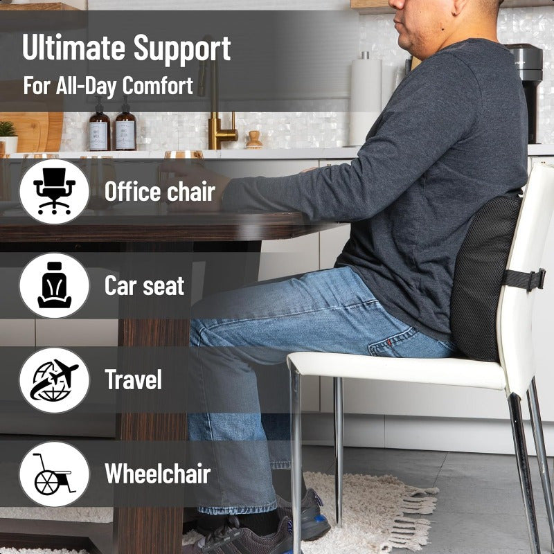 Ergonomic Lumbar Support Cushion for Office Chair & Car Seat - Memory Foam AirCloud Technology Posture Corrector with Breathable Mesh Cover & Adjustable Strap, Orthopedic Back Pain Relief, Lightweight Travel Design, 13.5"L x 4"W x 12.25"H (Black), Lumbar