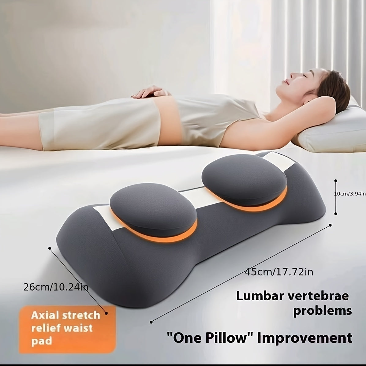 Ergonomic 3D Contoured Lumbar Support Pillow - Removable Washable Magnetic Cover with Heat Relax, Dual Use for Office Chair & Bed, White Geometric Design, No Power Needed