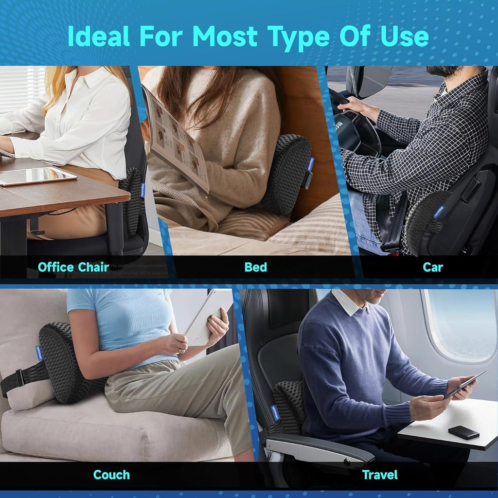 Ergonomic Lumbar Support Pillow for Office Chair & Car - Posture-Correcting Back Cushion with Spinal Alignment, Lower Back Relief, Desk, Gaming Chair - Non-Slip Base, No Power Needed - Ideal for Home, Office, Travel - Black, Backrest Pillow, Contoured