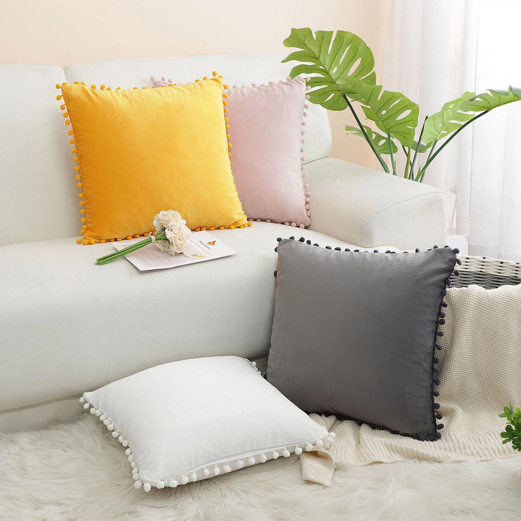 Velvet Pillow Cover with Pompoms for Sofa Bed 2PCS
