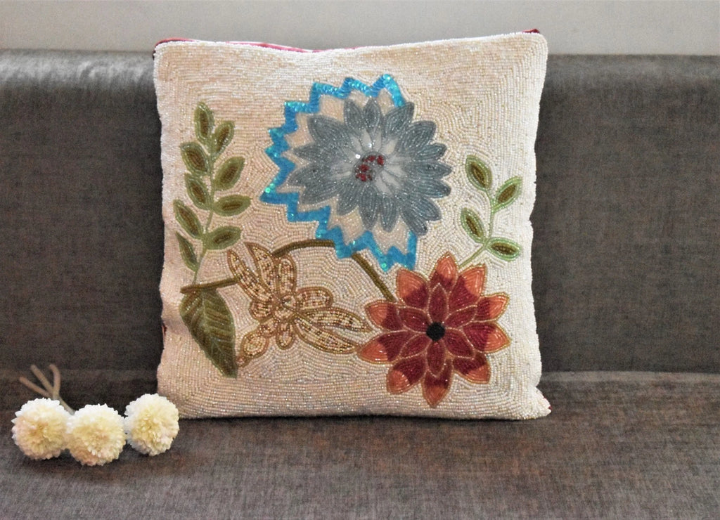 Decorative Beaded Cushion Cover Handmade Sofa Pillow Covers 16x16 In Set of 2