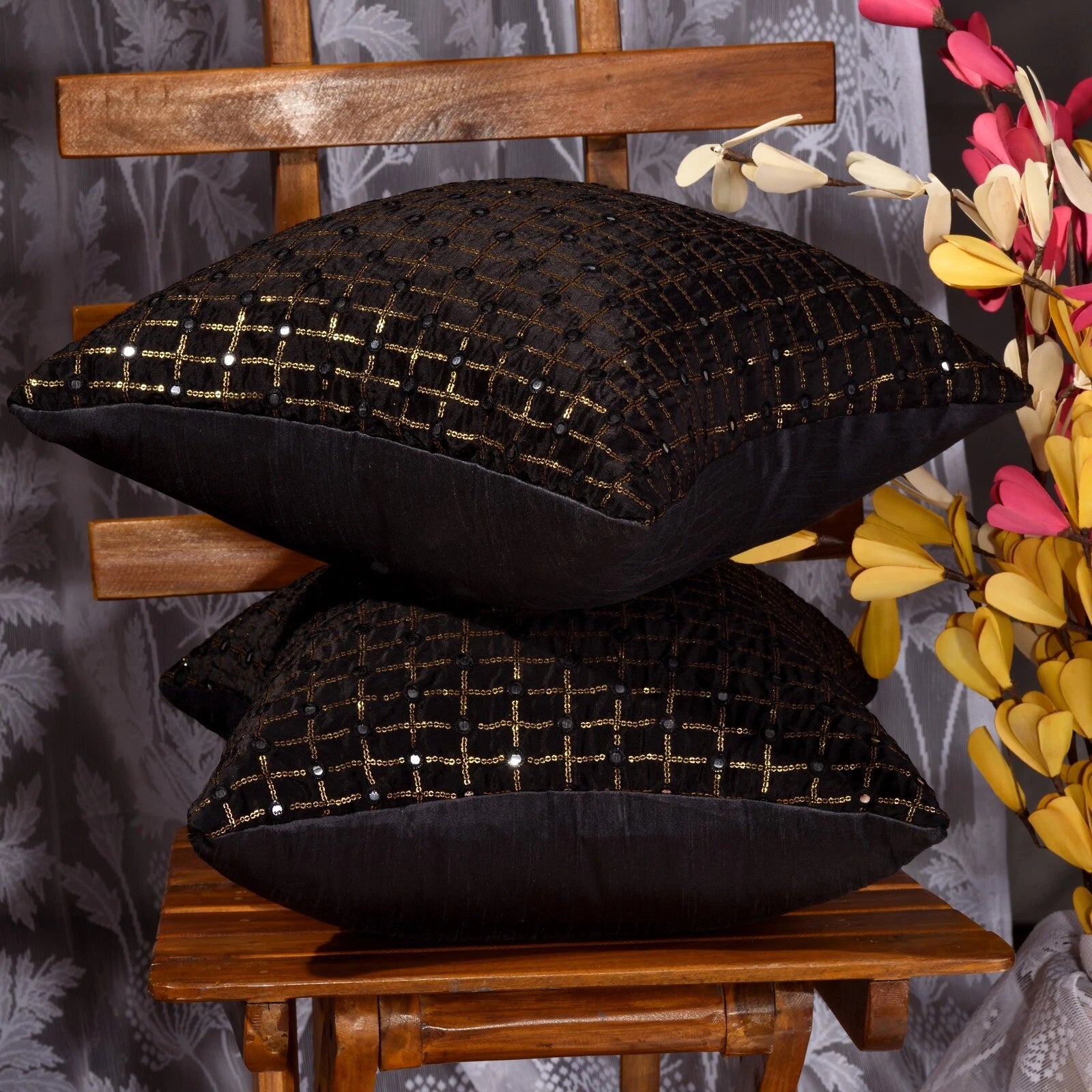 black pillow cover living room embroidered pillow cover designer couch pillow 2p
