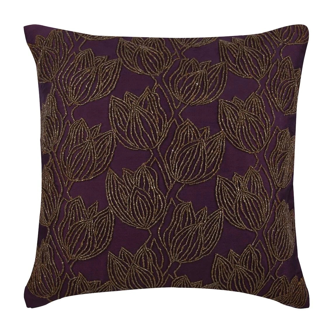 Square Sofa Cushion Cover Purple 16"x16", Bed Decor Silk Floral - Gold Tulips