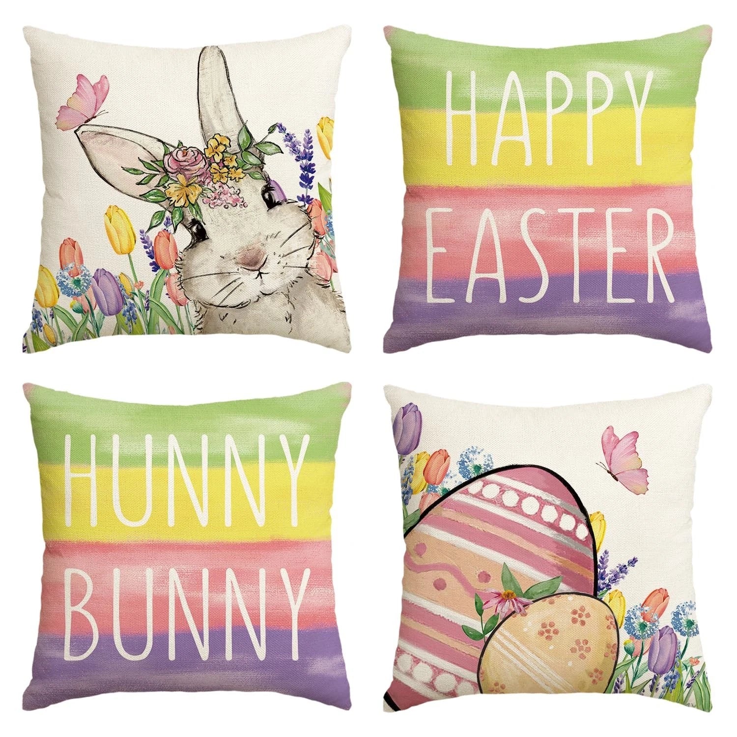 Happy Easter Pink Throw Pillow Covers, Easter Eggs Bunny Cushion Case for Sofa