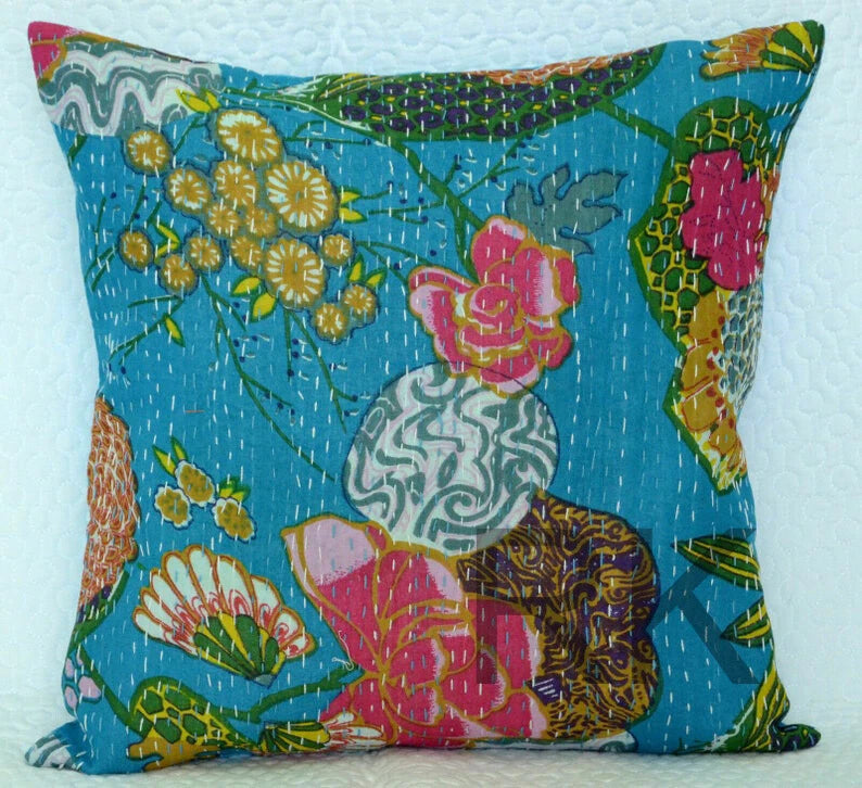 Cotton Kantha Cushion Cover Bed Sofa Pillow Cases, 2 Pcs Set Throw Cushion