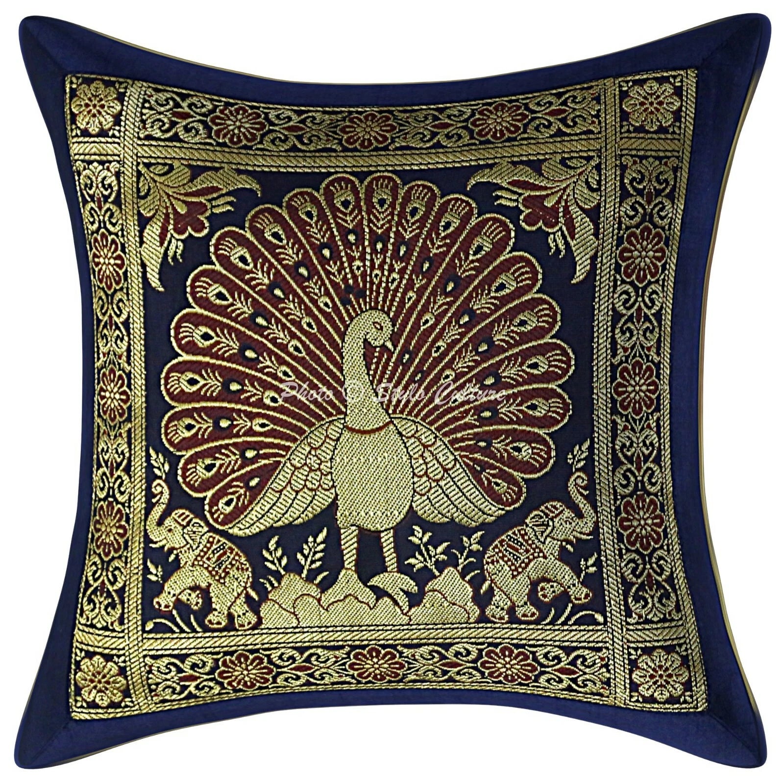 Indian Peacock Brocade Cushion Cover Handmade Sofa Pillow Case Cover Throw 12"