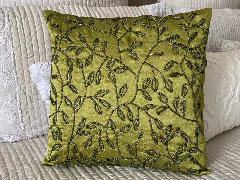 Square Sofa Pillow Case Green 16"x16", Bed Decor Silk Leaf Beaded - Tropical