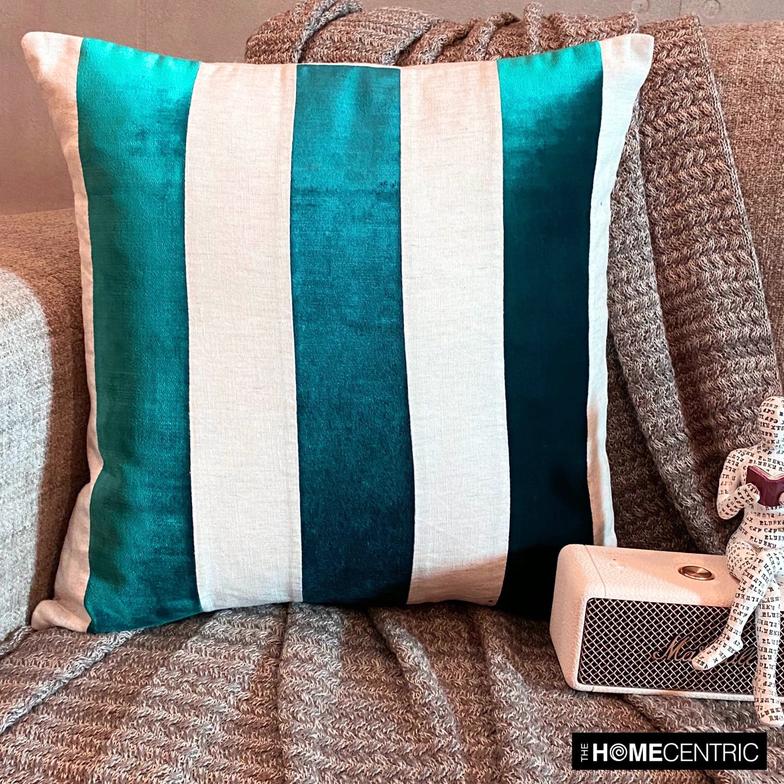 Couch Pillow Cover Blue 16"x16", Bed Decor Velvet Patchwork - Velvet Band Teal