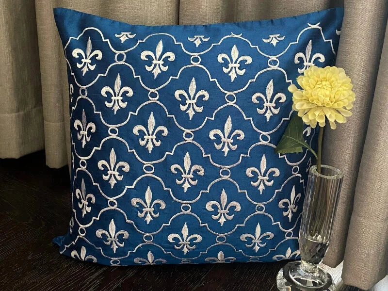 Sofa Pillow Case Blue 16"x16", Bed Decor Silk French Toile - French Vanilla