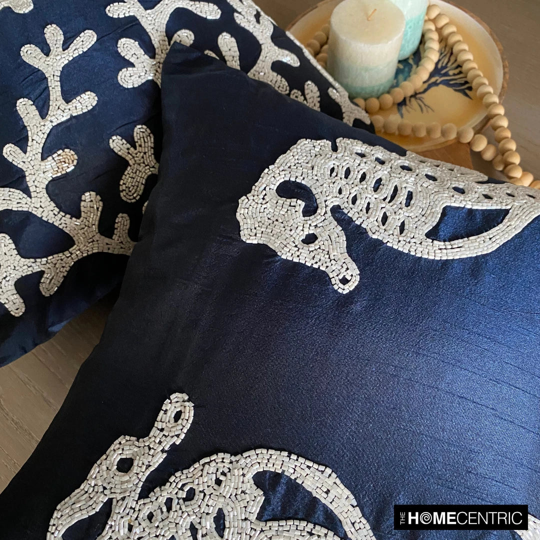Couch Pillow Cover Blue 16"x16", Bed Decor Silk Sea Creatures - Navy Corals