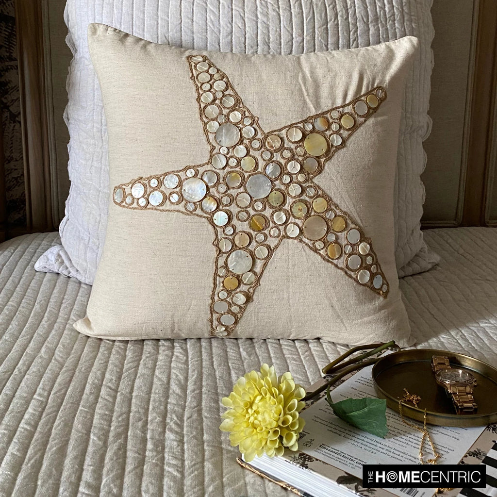 Couch Cushion Case Beige 16"x16", Bed Decor Cotton - Starfish Coated Pearl