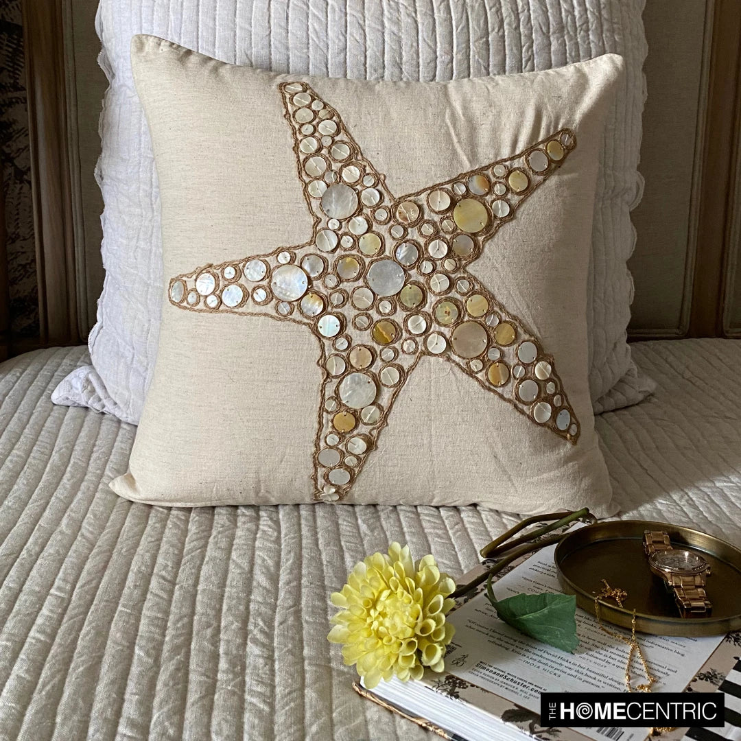 Couch Cushion Case Beige 16"x16", Bed Decor Cotton - Starfish Coated Pearl