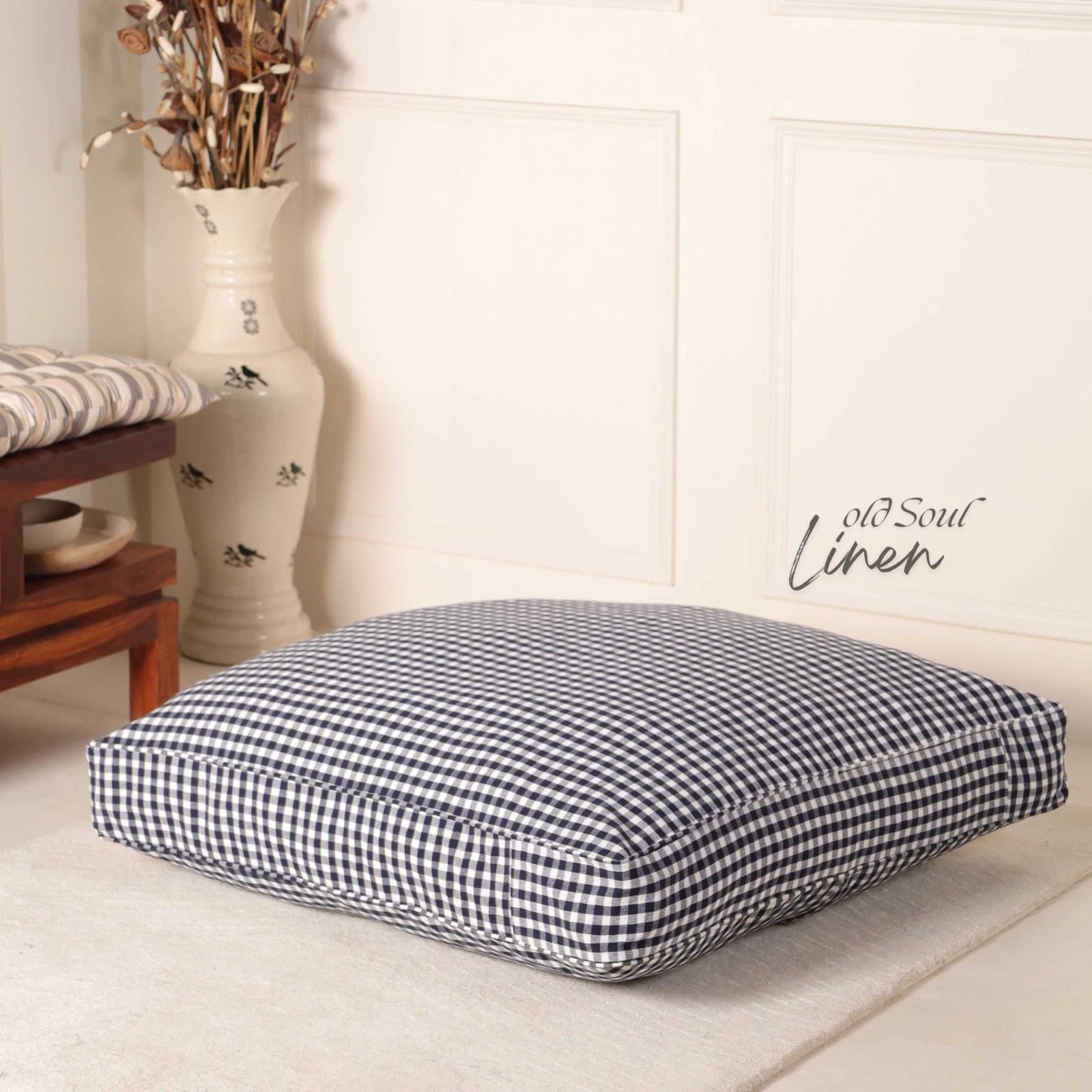 Gingham Check Gauze Linen Floor Cushion Case Pouf Cover Boho Minimalist Decor