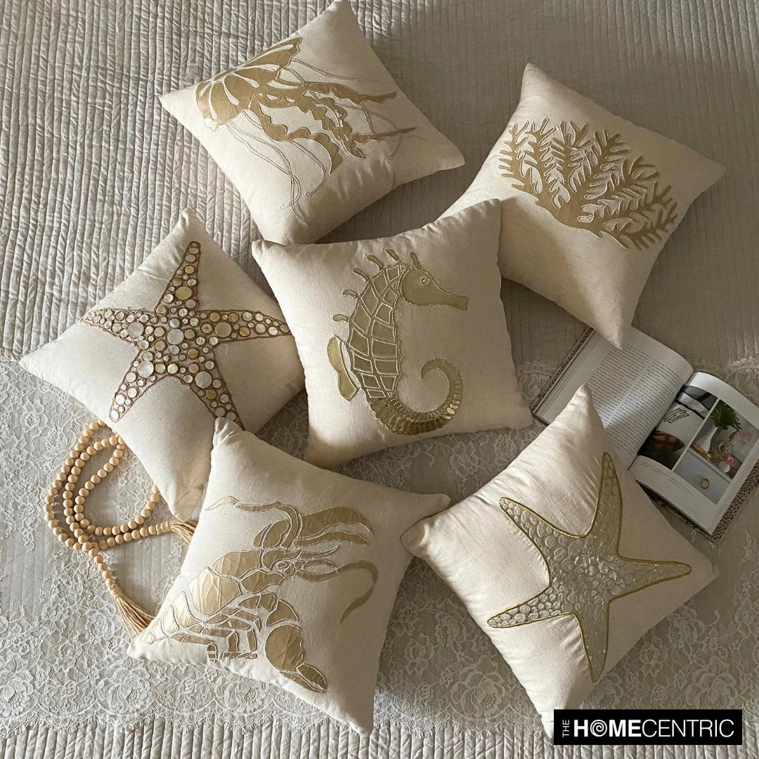Couch Cushion Case Beige 16"x16", Bed Decor Cotton - Starfish Coated Pearl