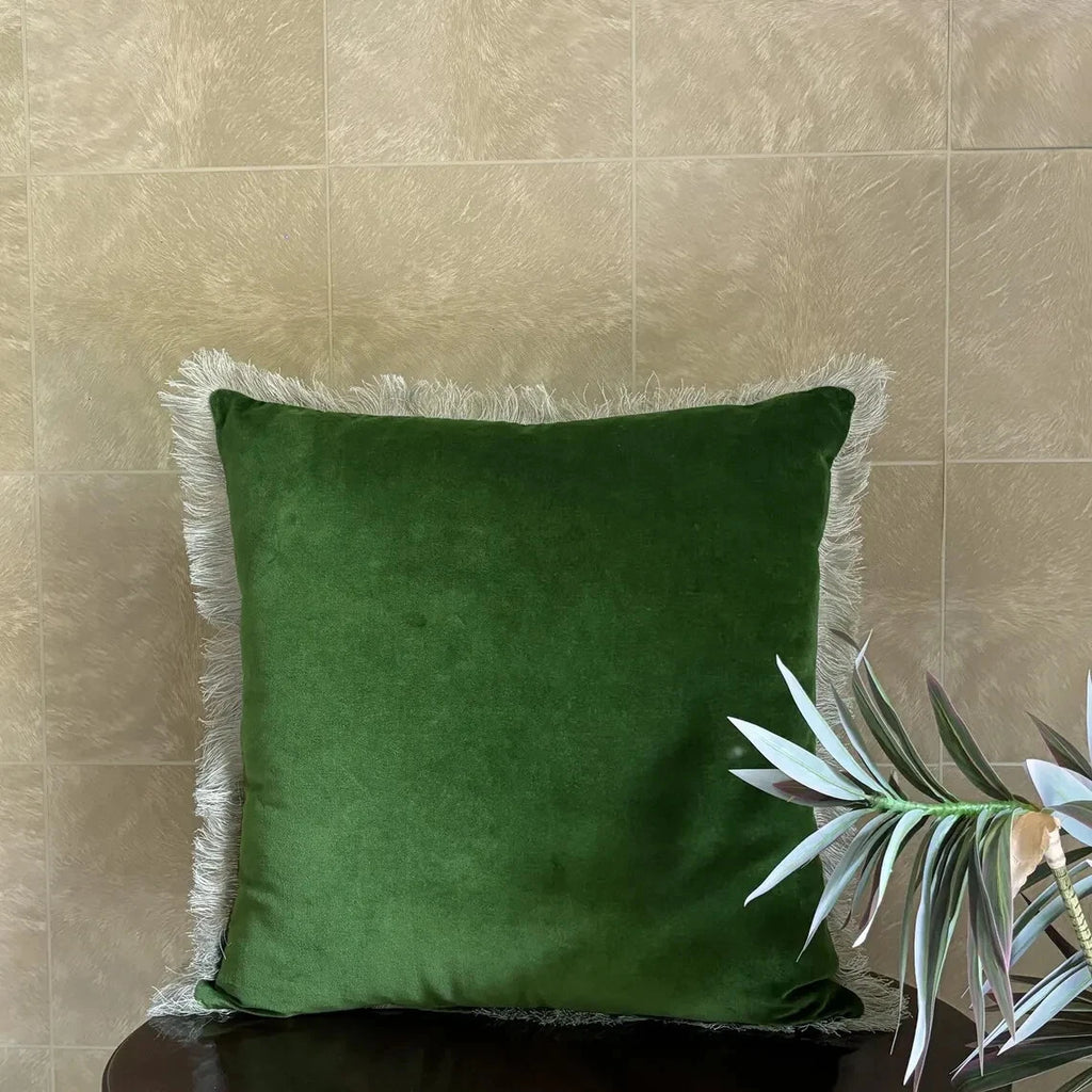 Boho Velvet Fringe Pillow Cover – Handmade Cotton Cushion for Sofa or Chair