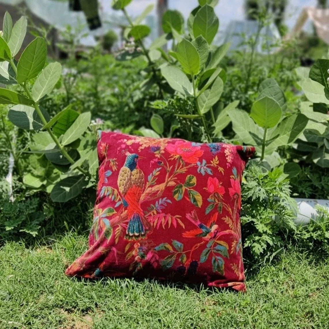 Indian Maroon Bird Velvet Cushion Cover Home Decor Sofa Decor Pillow Case Covers