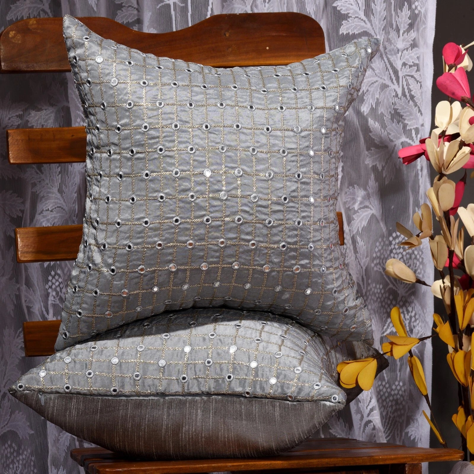 silver pillow cover for couch designer throw pillow embroidered pillow cover 2pc