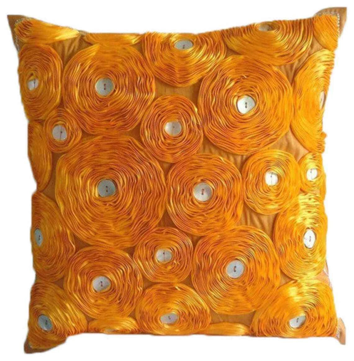 Decorative Sofa Pillow Cover Orange 16"x16", Bed Decor Silk Floral - Marigold