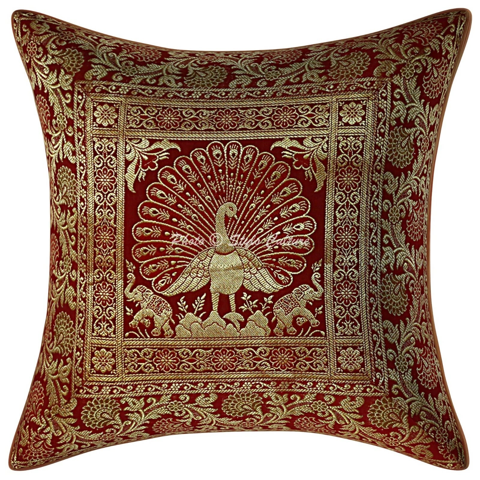 Peacock Brocade Cushion Cover Indian Handmade Throw Sofa Pillow Case Cover 12"