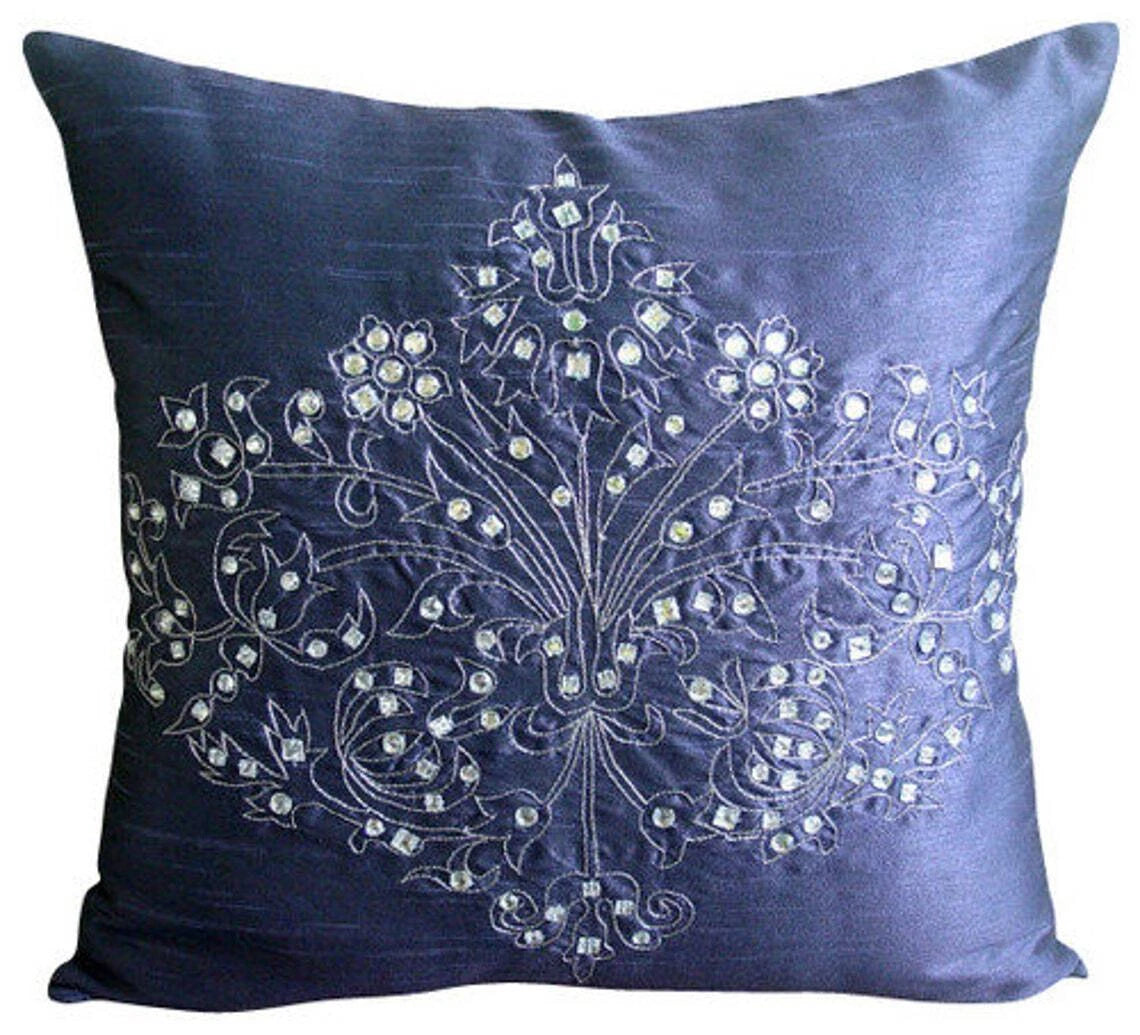 Square Couch Pillow Case Blue 16"x16", Bed Decor Silk Fabric - Crystal Damask