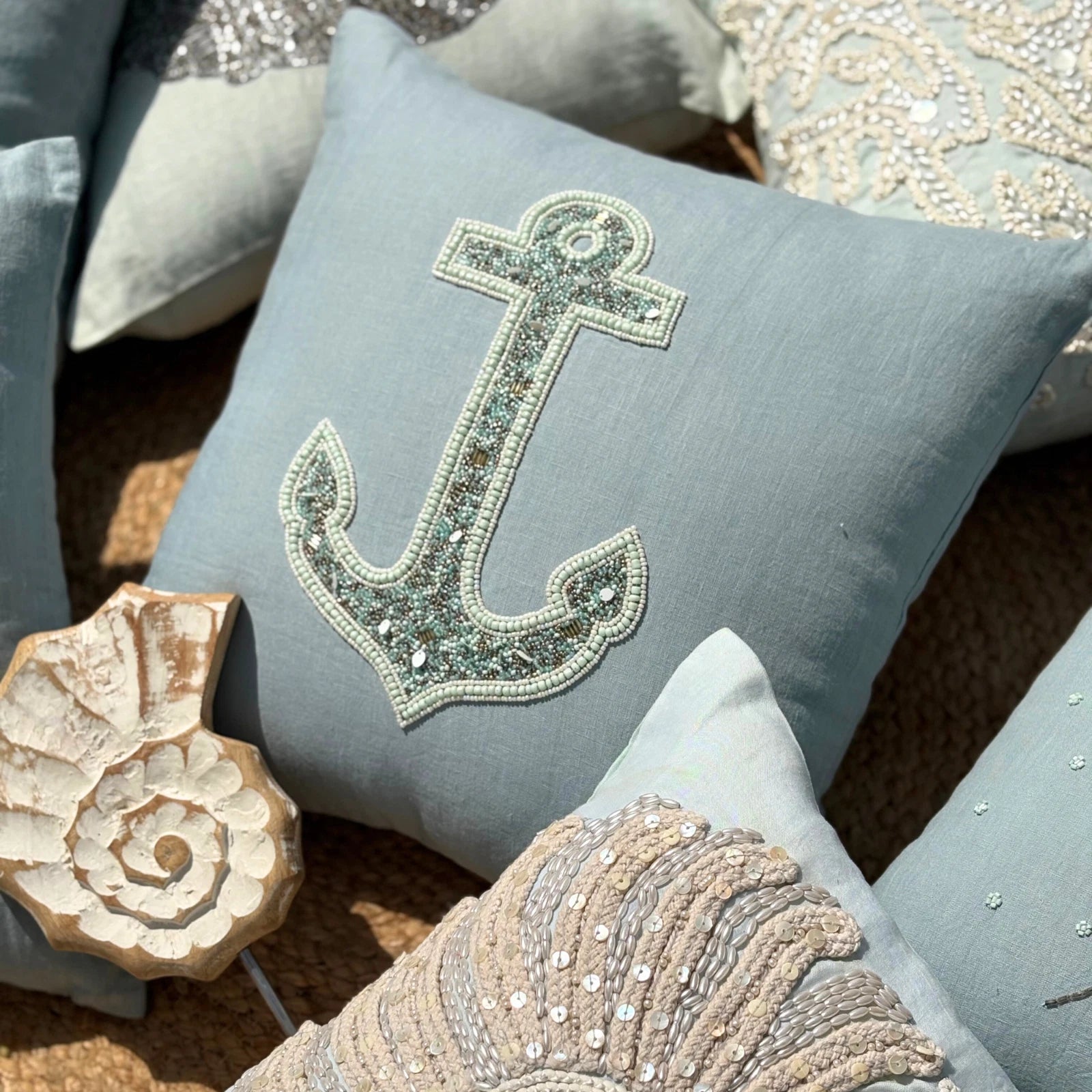Decorative Sofa Pillow Case Blue 16"x16", Bed Decor Linen Fabric - Lost Anchor
