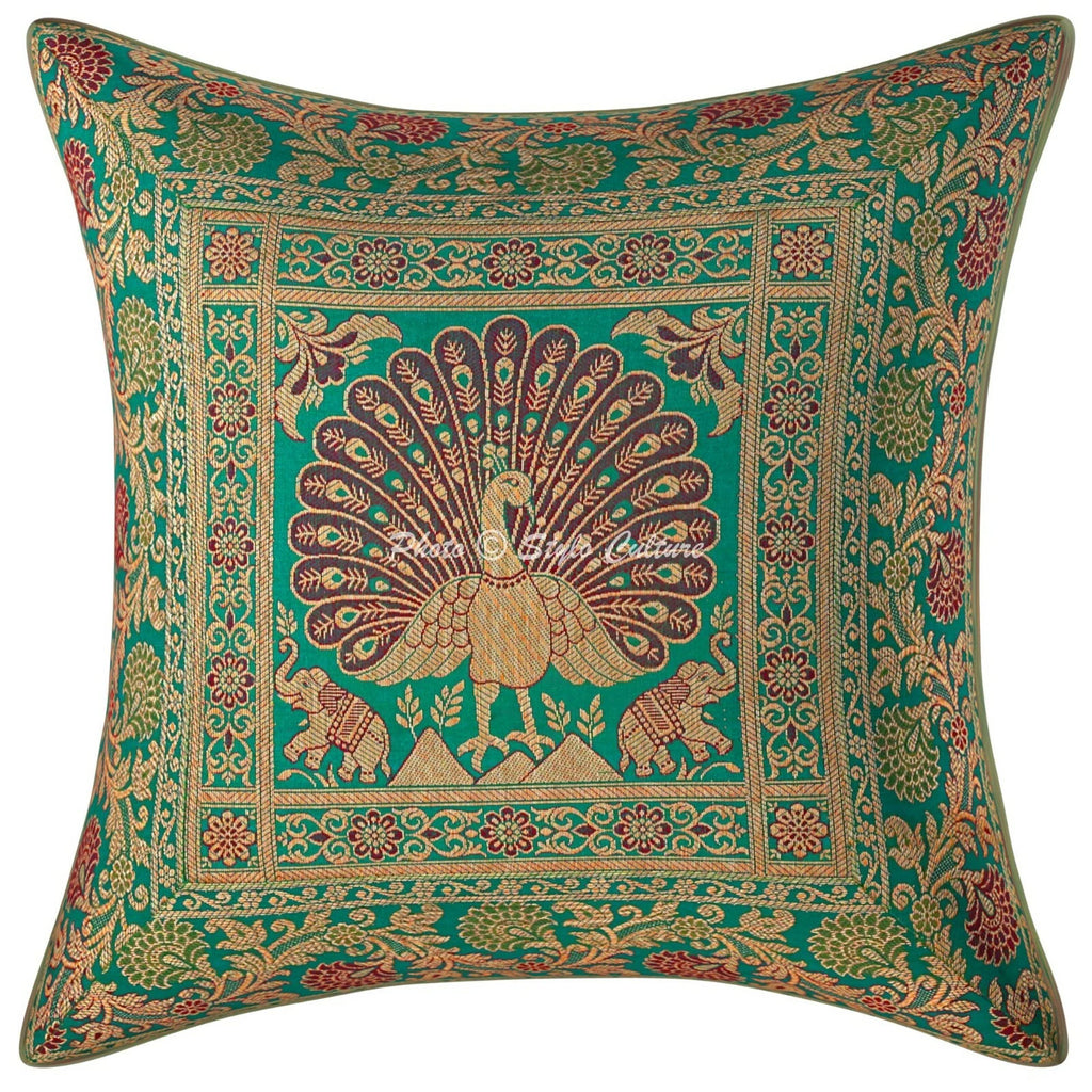 Peacock Brocade Cushion Cover Indian Handmade Throw Sofa Pillow Case Cover 12"
