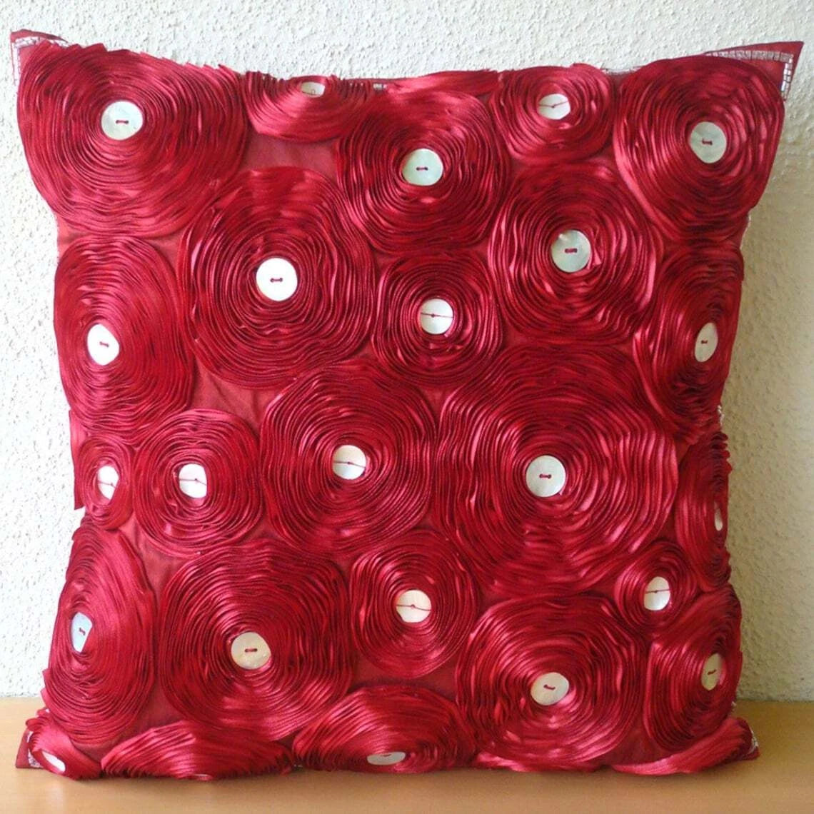 Square Couch Pillow Cover Red 16"x16", Sofa Decor Silk Floral - Bed Of Roses