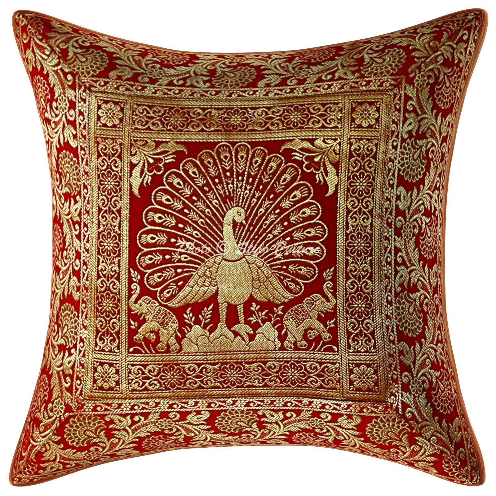 Peacock Brocade Cushion Cover Indian Handmade Throw Sofa Pillow Case Cover 12"