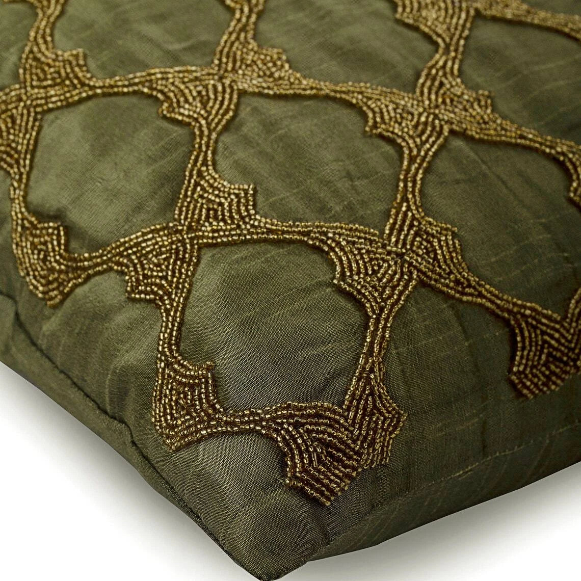 Sofa Cushion Cover Green 16"x16", Bed Decor Silk Geometric - Tarnished Gold