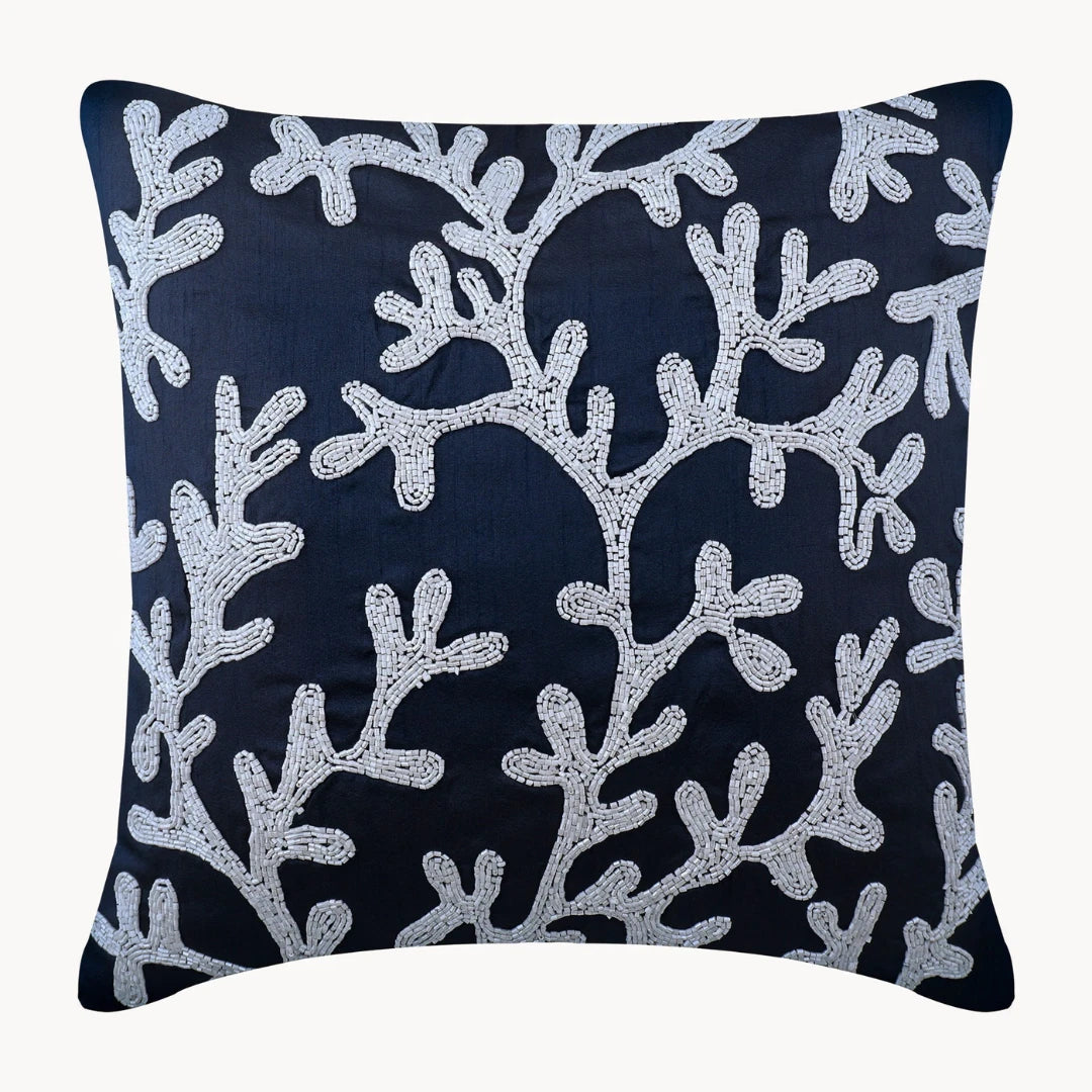 Couch Pillow Cover Blue 16"x16", Bed Decor Silk Sea Creatures - Navy Corals