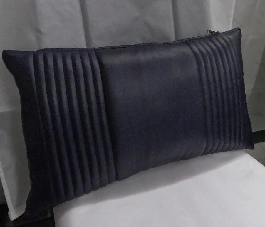 Lambskin Leather Navy Blue Rectangle Pillow Cover | Quilted Decorative Cover