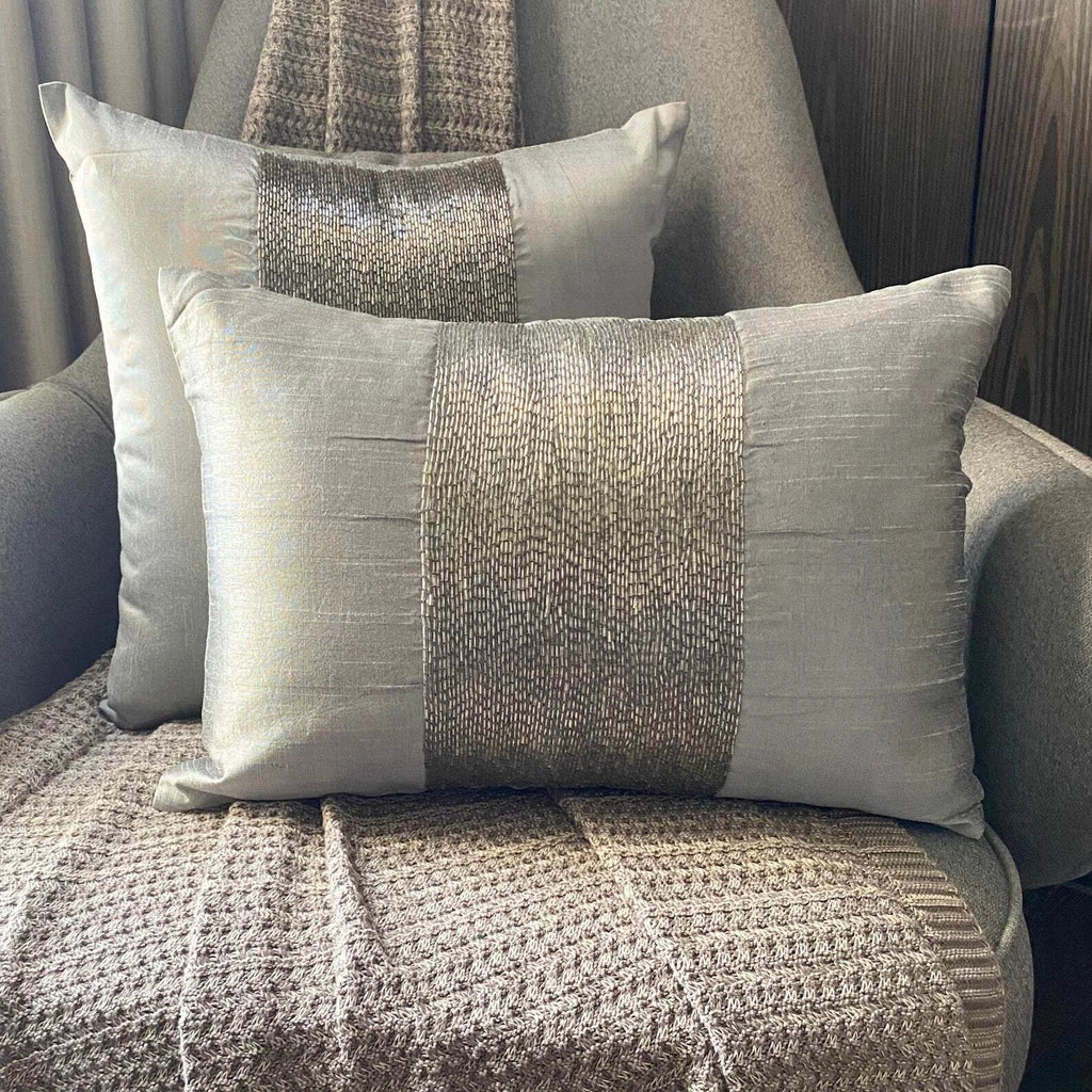 Couch Cushion Case Silver 16"x16", Bed Decor Silk Beaded - Silver Center