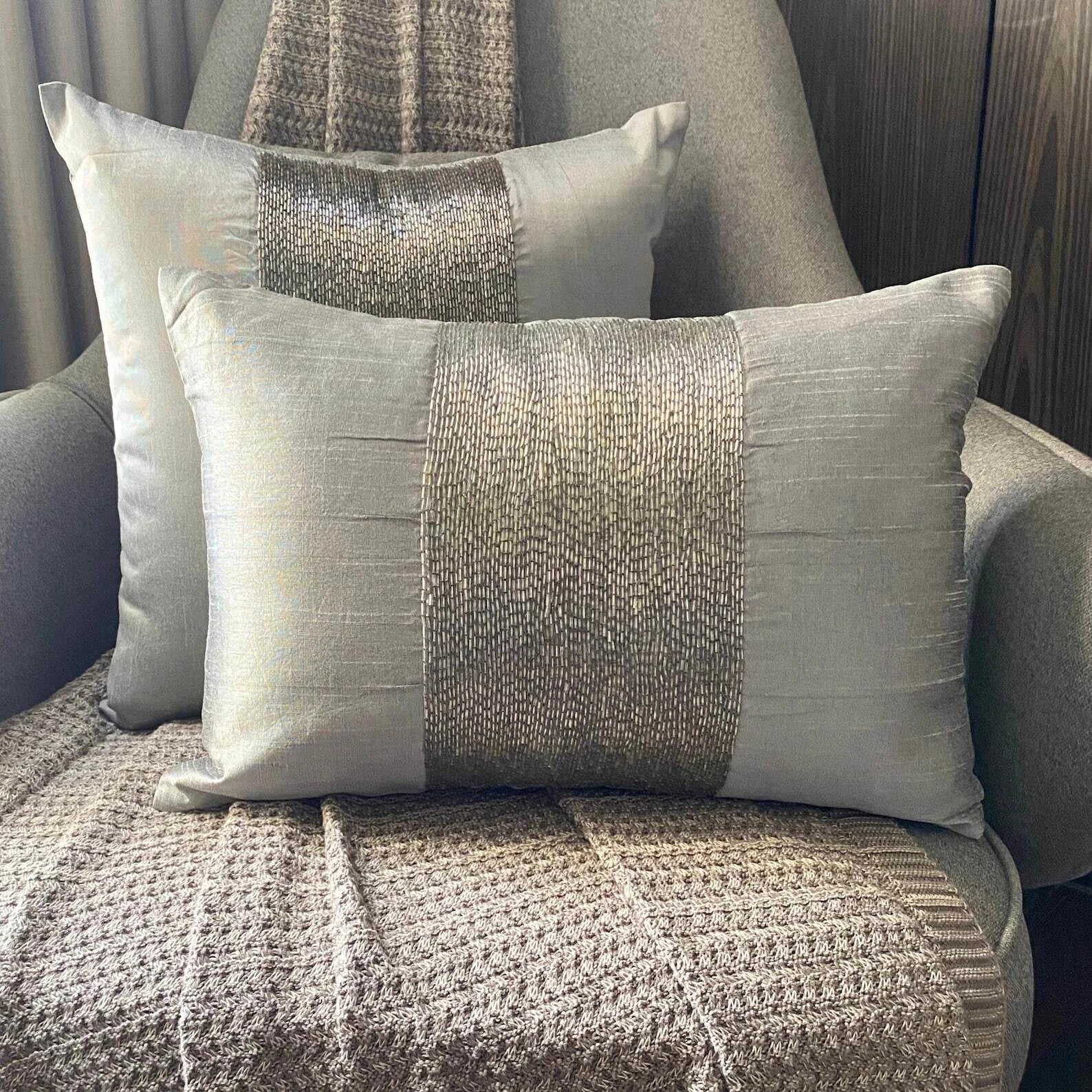 Couch Cushion Case Silver 16"x16", Bed Decor Silk Beaded - Silver Center