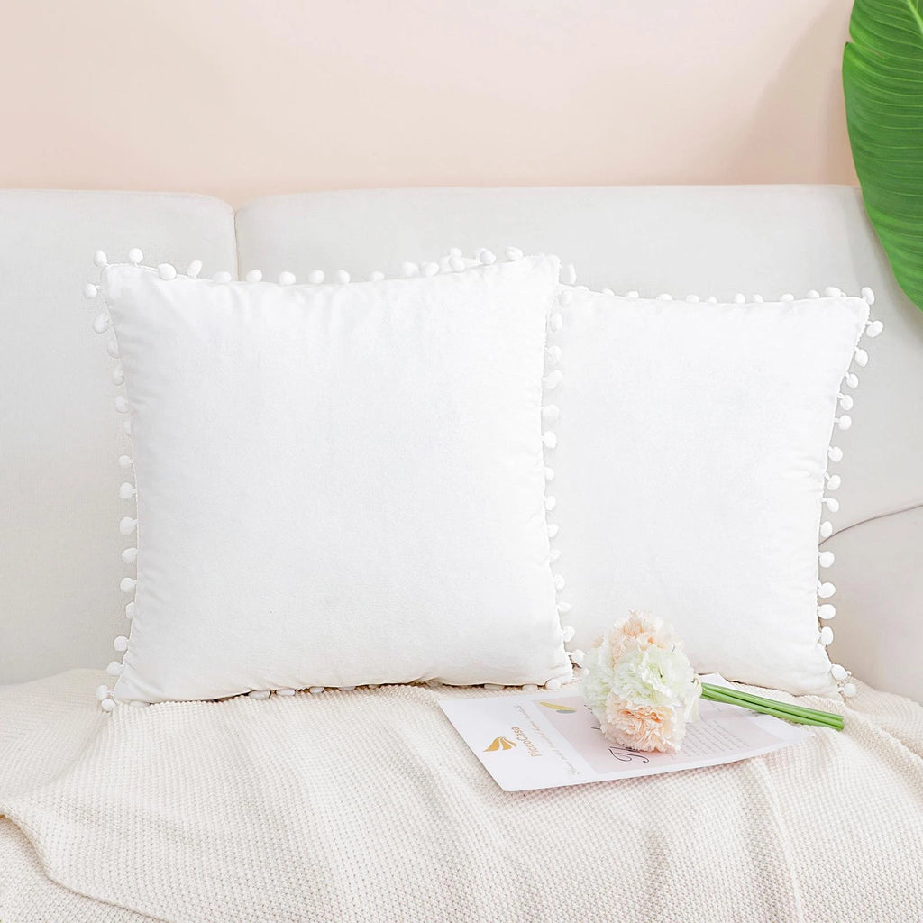 Velvet Pillow Cover with Pompoms for Sofa Bed 2PCS