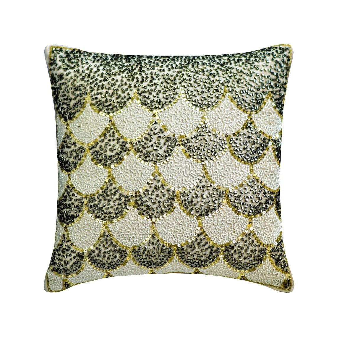 Square Couch Cushion Cover Ivory 16"x16", Bed Decor Velvet Beaded - Abigail