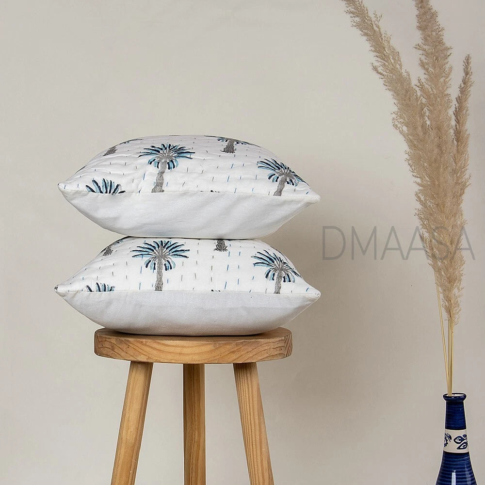 Grey & Blue Palm Tree Pillow Cover Bed Sofa Cushion Case Indian Cotton Cover