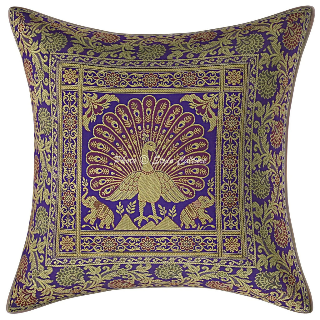Peacock Brocade Cushion Cover Indian Handmade Throw Sofa Pillow Case Cover 12"