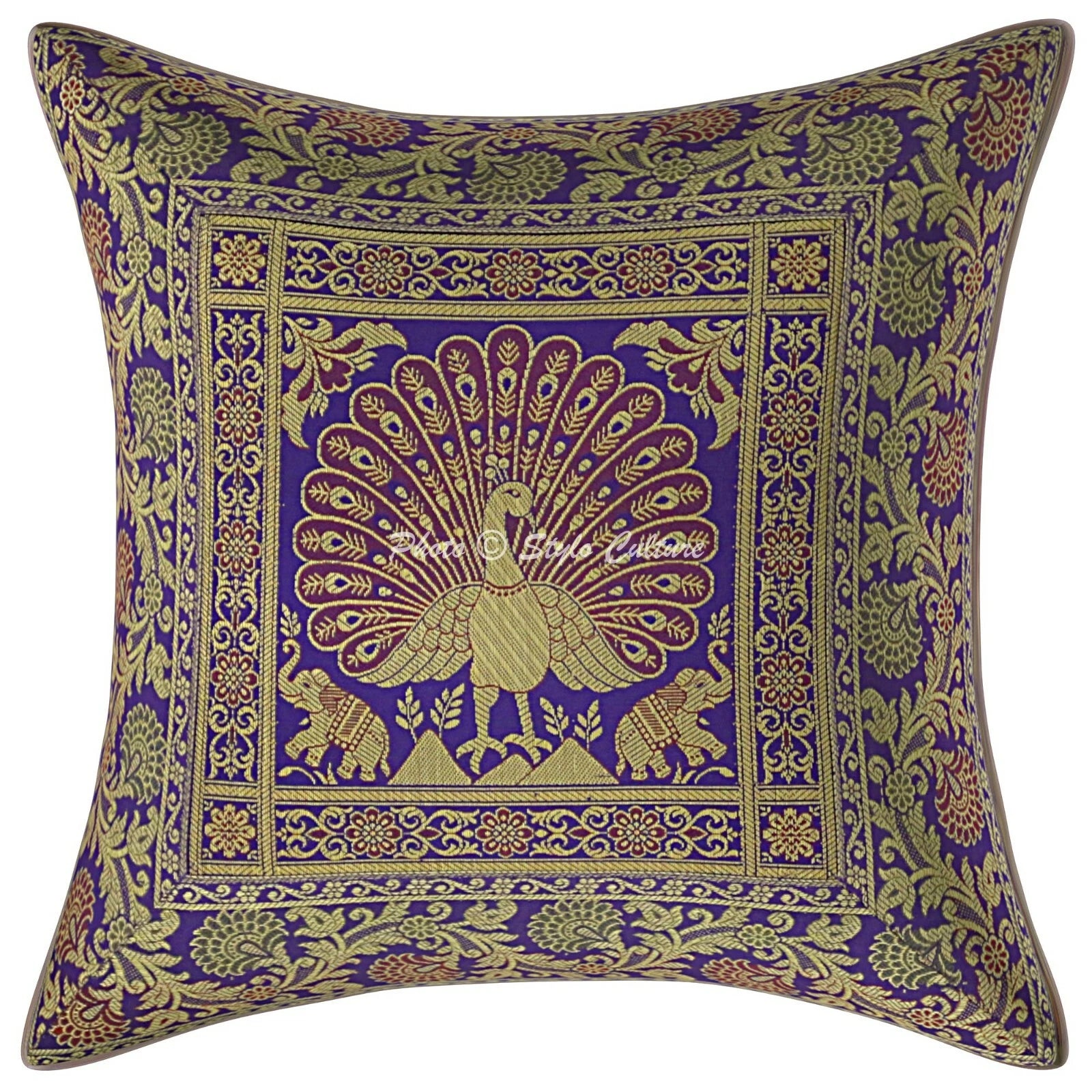 Peacock Brocade Cushion Cover Indian Handmade Throw Sofa Pillow Case Cover 12"