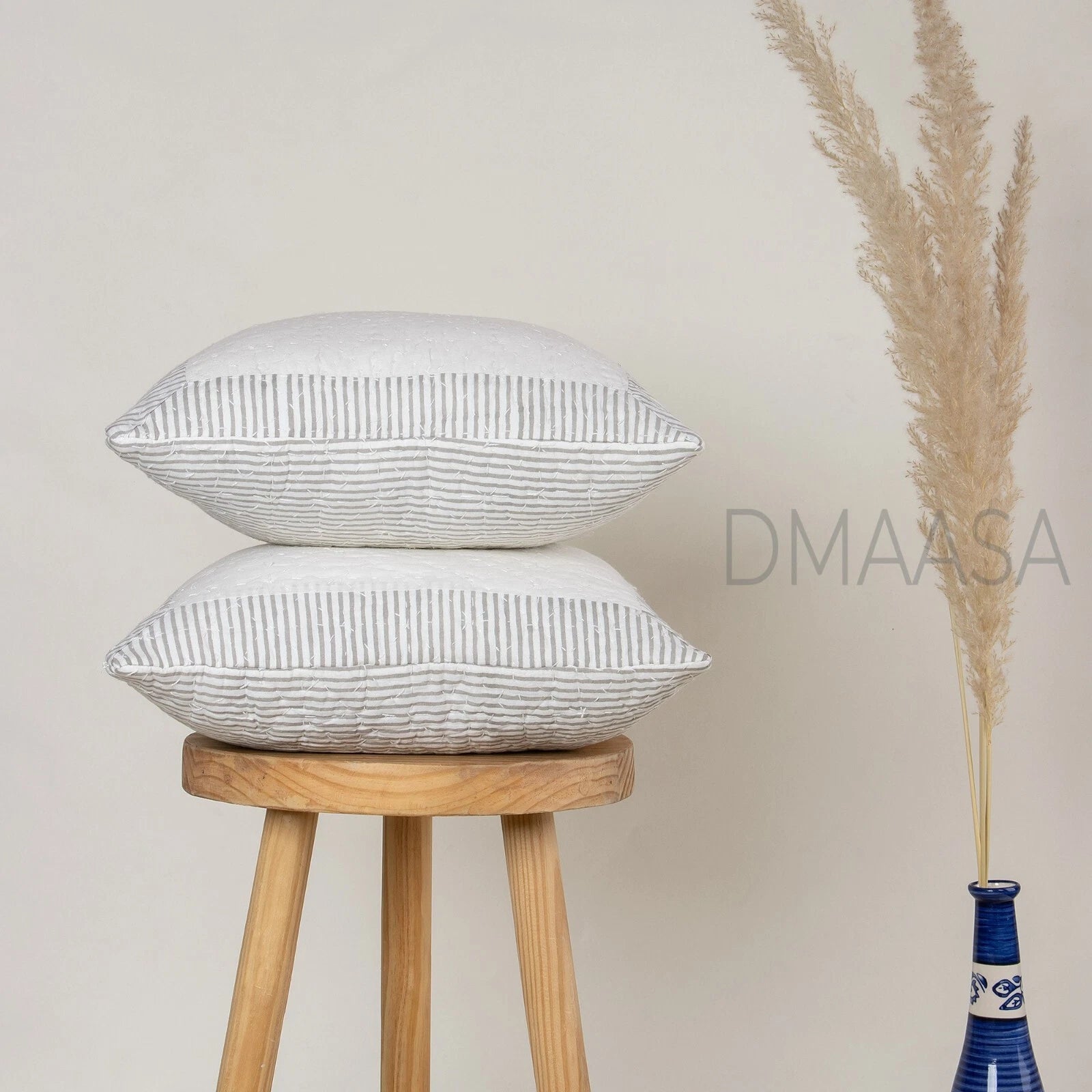 Grey Striped Block Print Cotton Indian Sofa Pillow Cover Bed Cushion Cover