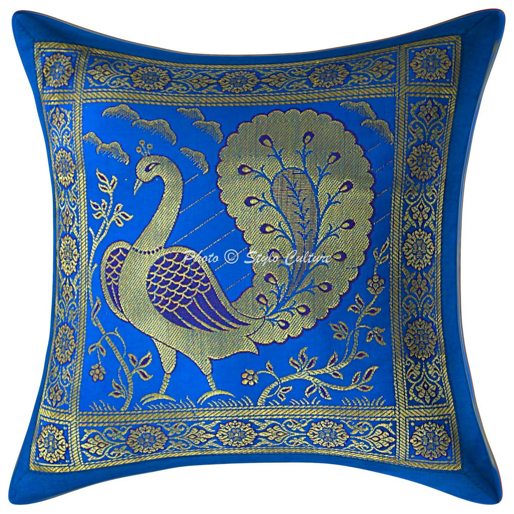Indian Brocade Sofa Cushion Cover Handmade Peacock Pillow Case Cover Throw 12"