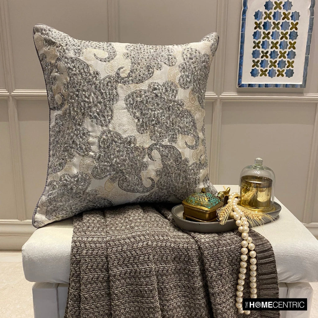 Couch Pillow Case Grey 16"x16", Bed Decor Silk Abstract - Paisley Elegance