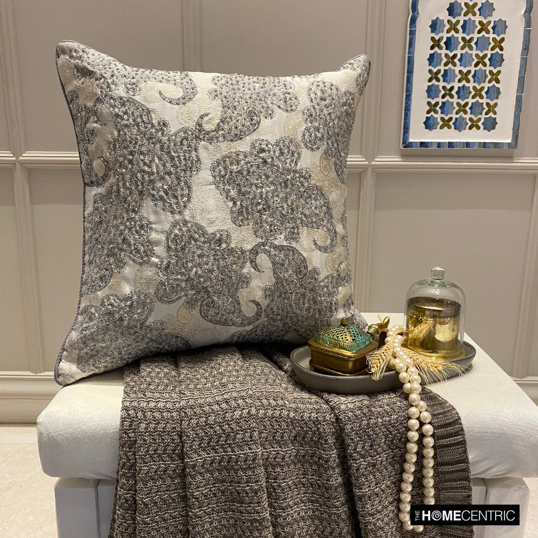 Couch Pillow Case Grey 16"x16", Bed Decor Silk Abstract - Paisley Elegance