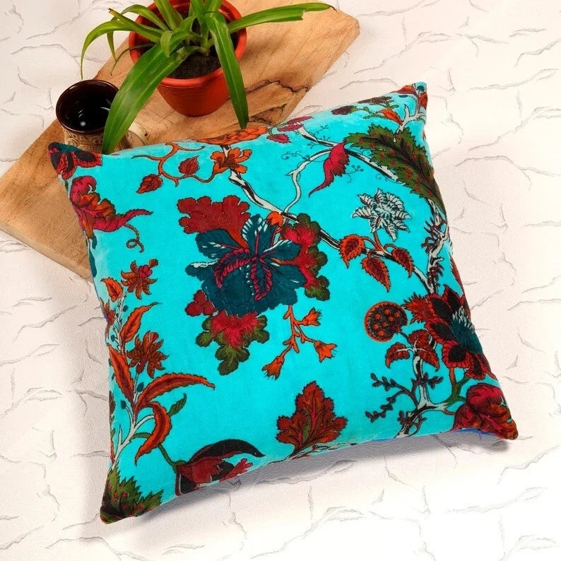 Indian Blue Floral Velvet Cushion Cover Home Decor Sofa Decor Pillow Case Covers
