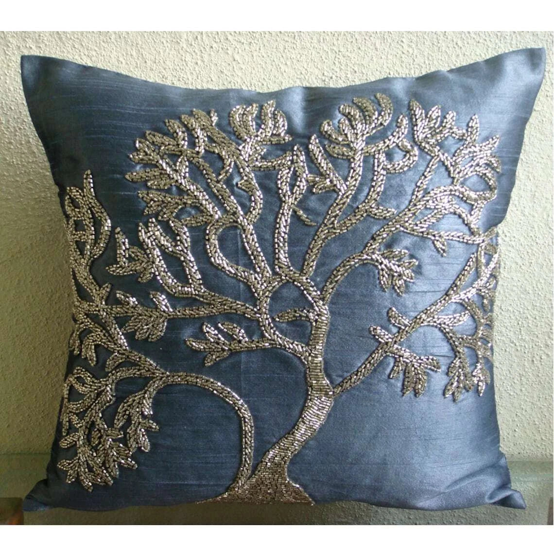 Couch Pillow Case Blue 16"x16", Bed Decor Silk Tree Beaded - Paradise Tree