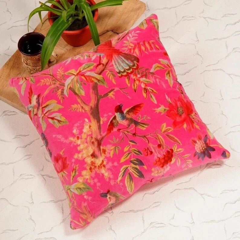 Indian Pink Bird Velvet Cushion Cover Home Decor Sofa Decor Pillow Case Covers