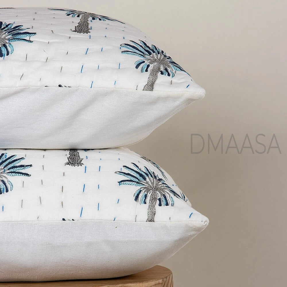 Grey & Blue Palm Tree Pillow Cover Bed Sofa Cushion Case Indian Cotton Cover