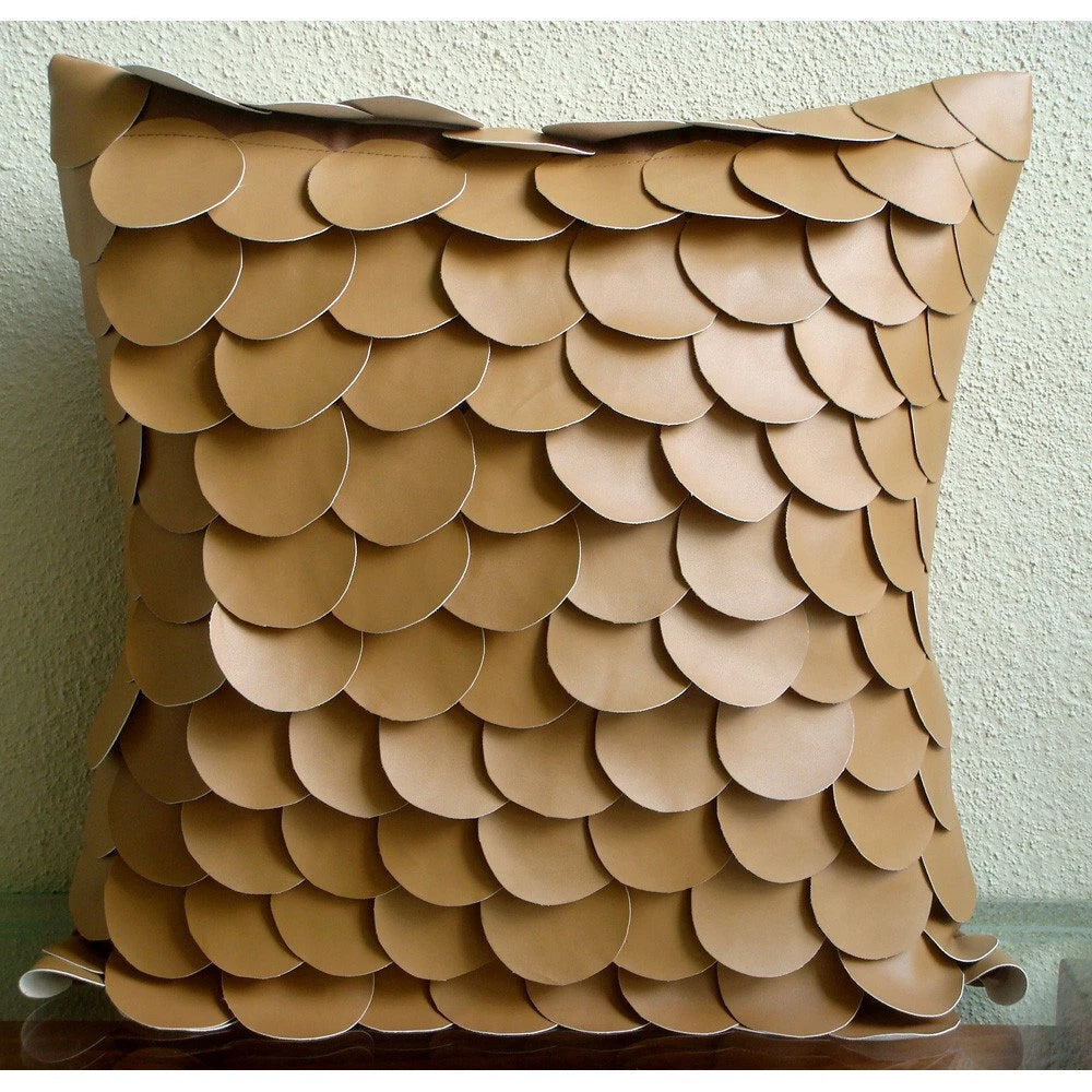 Couch Cushion Case Brown 16"x16", Bed Decor Faux Leather Circles & Dots - Scales